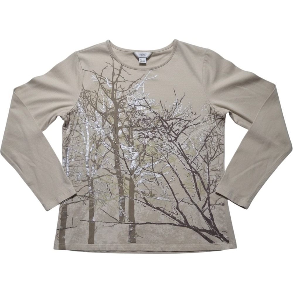 CJ Banks Womens Beige Long Sleeve Winter Tree Graphic Studded Top Size X